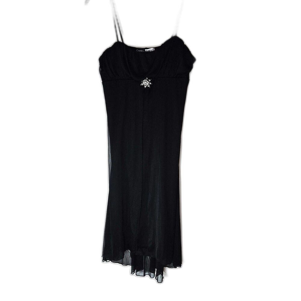 Vintage Sheer Lined Black Mini Black Dress Silver and Rhinestone Adornment Large